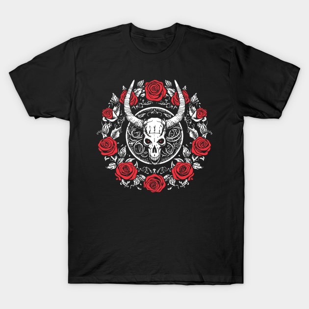 Western Country Music Girl Red Roses Bull Skull T-Shirt by TeesbyJohn